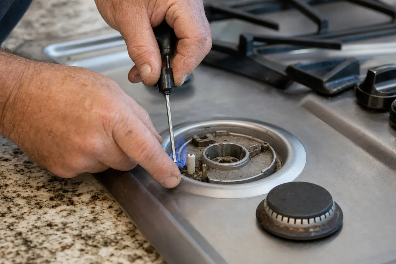 Technician adjusting a gas cooktop burner in an Armonk kitchen