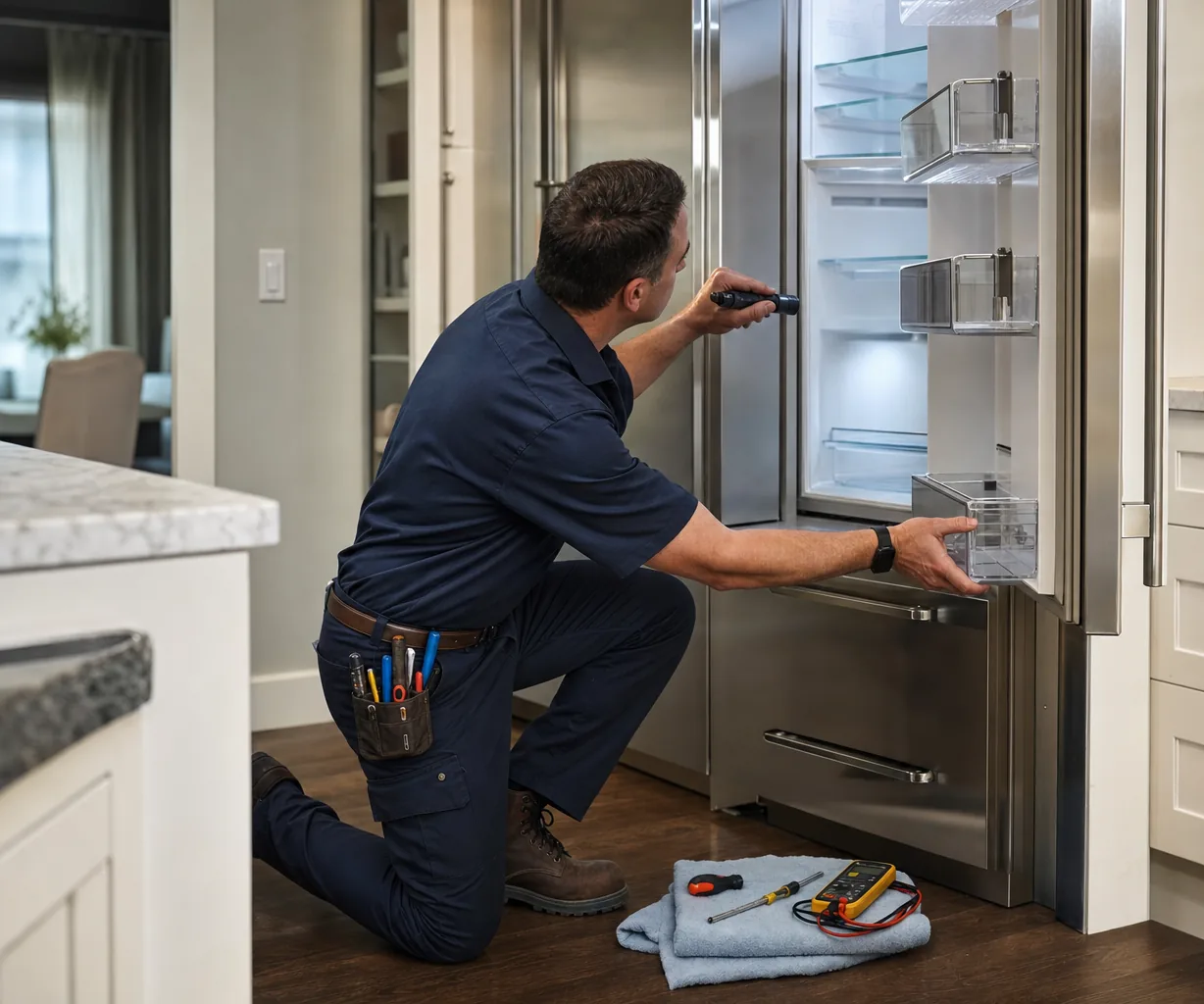 Technician repairing a built-in refrigerator up close