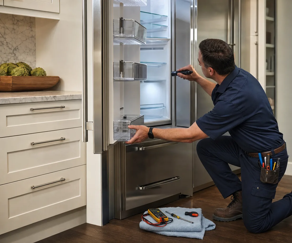 Technician repairing a built-in refrigerator up close
