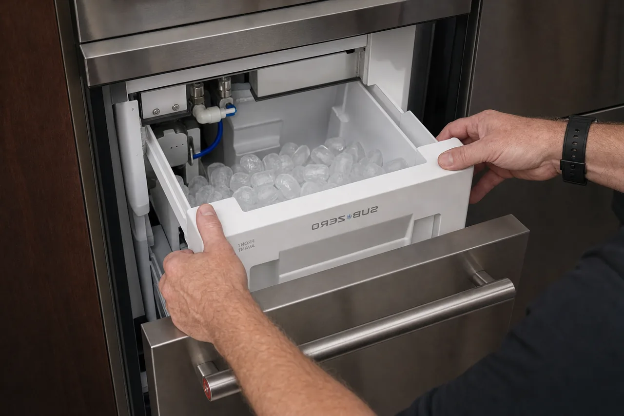 Technician servicing a built-in ice maker on a same-day visit