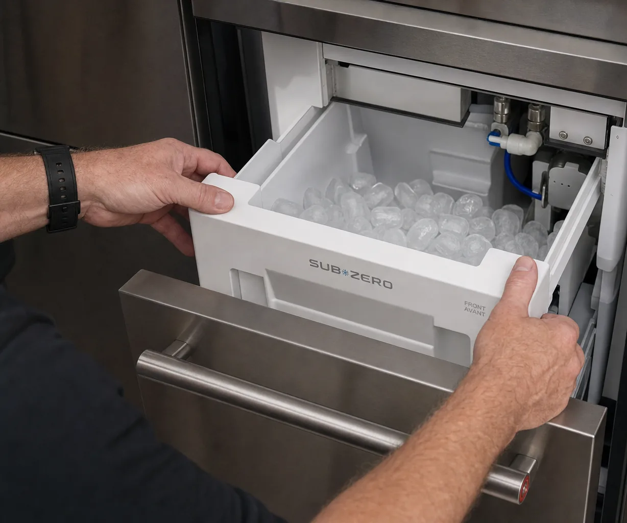 Technician servicing a built-in ice maker in an Armonk kitchen