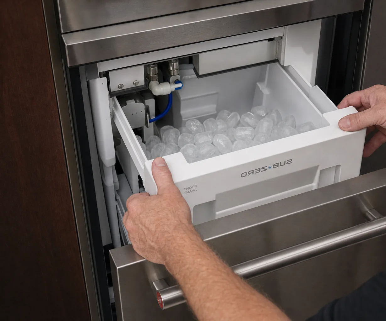 Technician servicing a built-in ice maker mid-repair