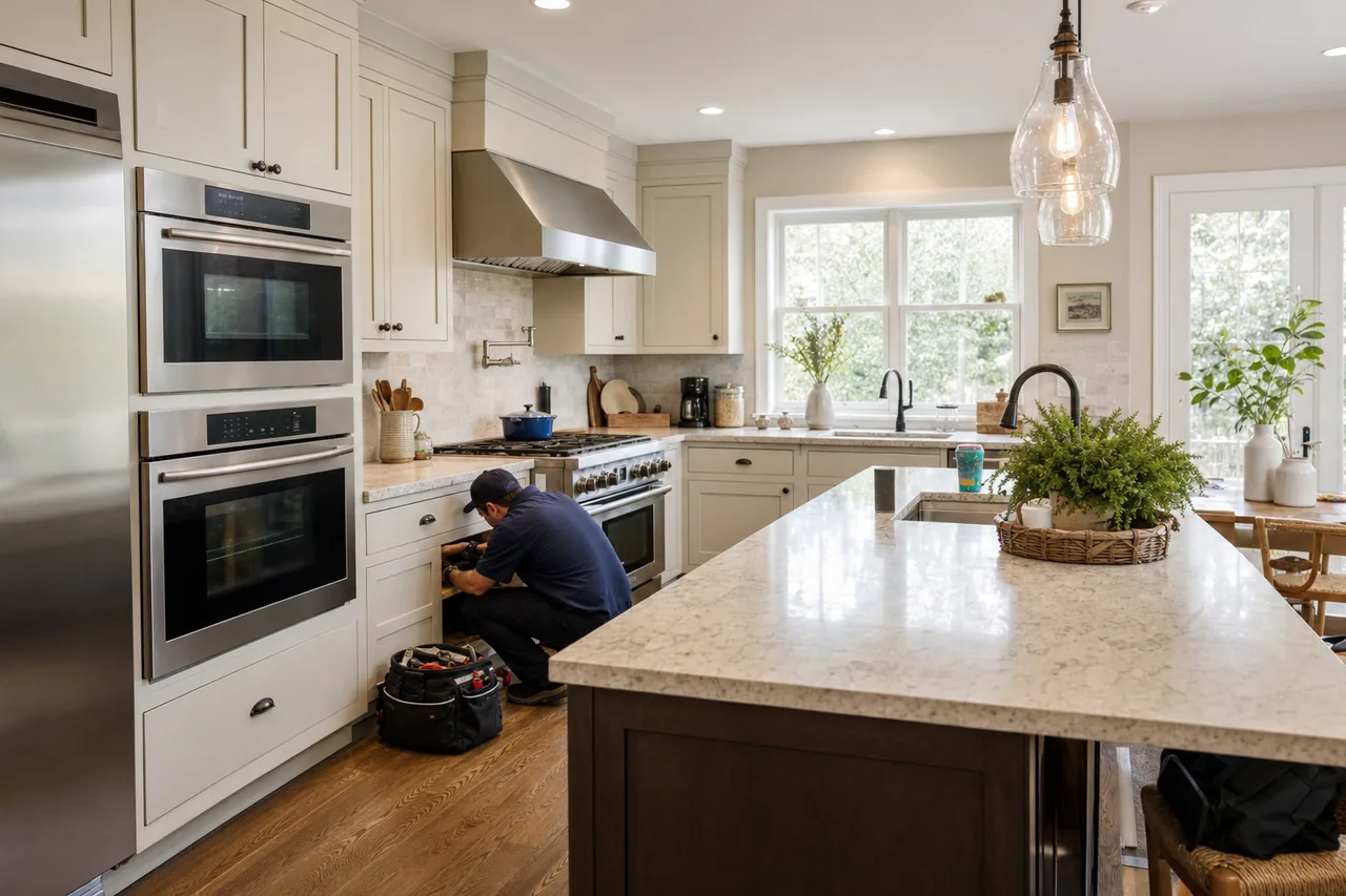 A luxury kitchen with built-in stainless appliances in an Armonk kitchen