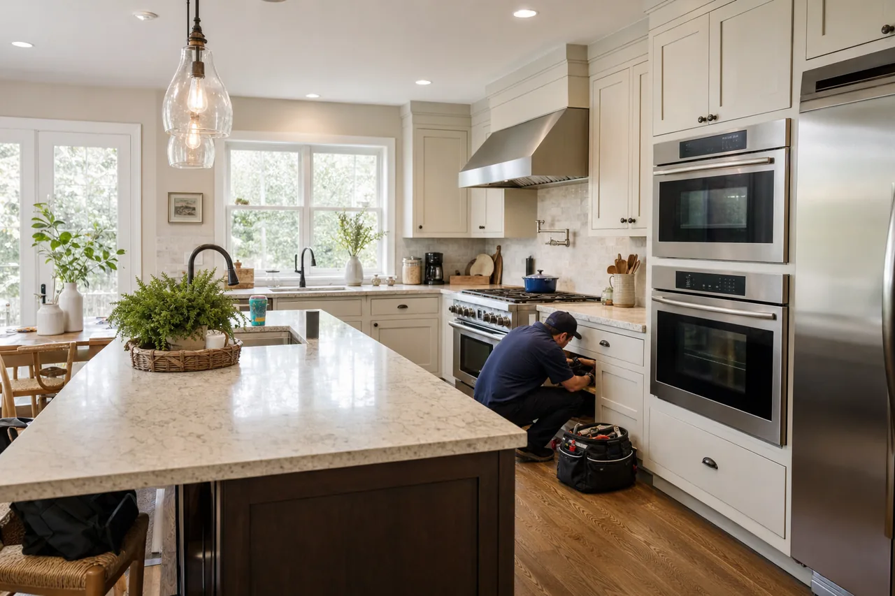 A luxury kitchen with built-in stainless appliances in an Armonk kitchen