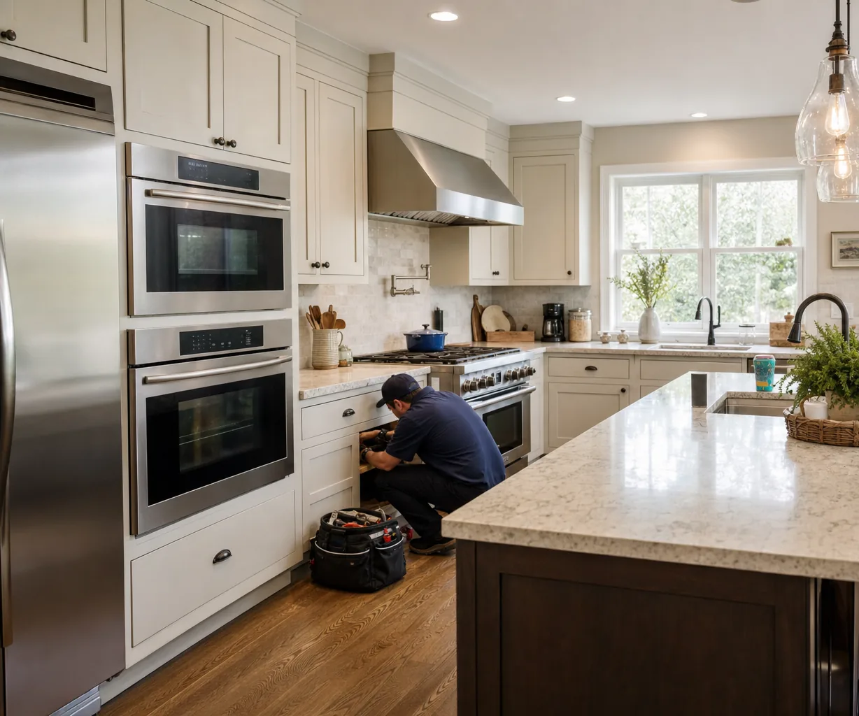 A luxury kitchen with built-in stainless appliances in an Armonk kitchen