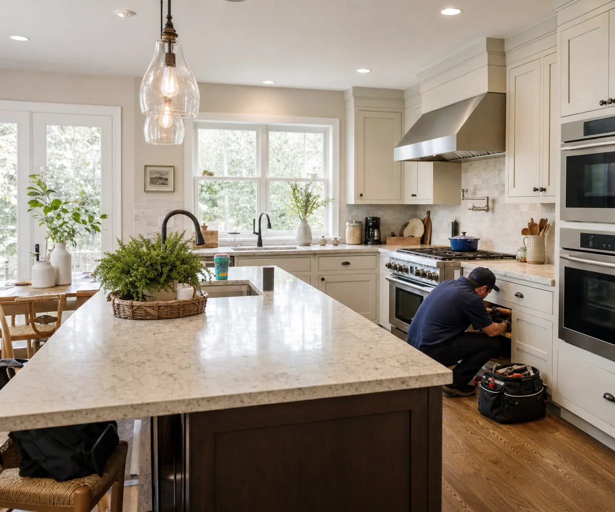 A luxury kitchen with built-in stainless appliances