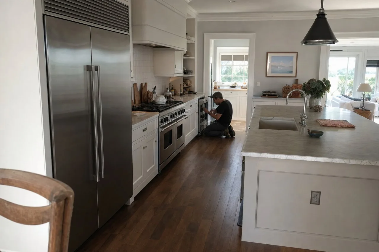 A luxury Armonk kitchen with built-in Sub-Zero and Wolf appliances mid-repair