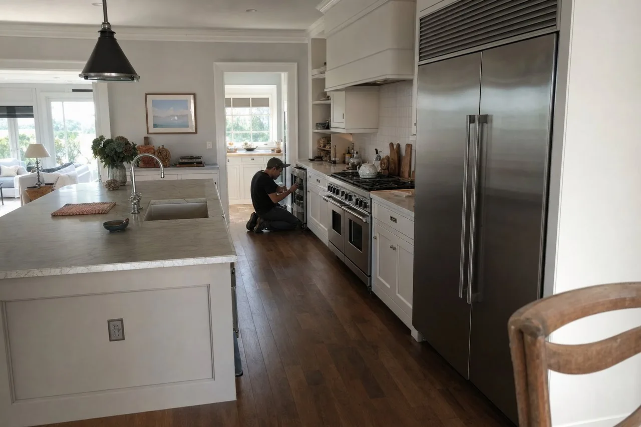 A luxury Armonk kitchen with built-in Sub-Zero and Wolf appliances in an Armonk kitchen