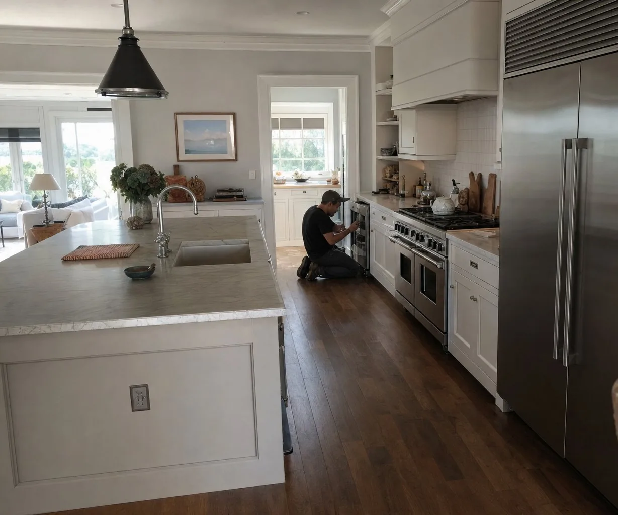 A luxury Armonk kitchen with built-in Sub-Zero and Wolf appliances mid-repair