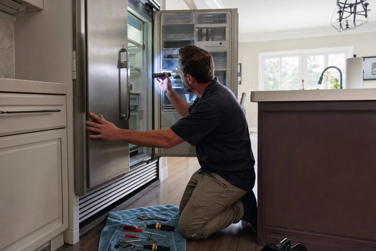 Technician repairing a built-in Sub-Zero refrigerator in an Armonk kitchen