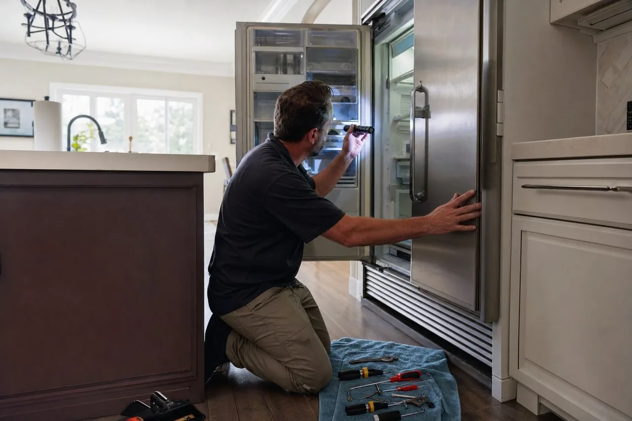 Technician repairing a built-in Sub-Zero refrigerator up close