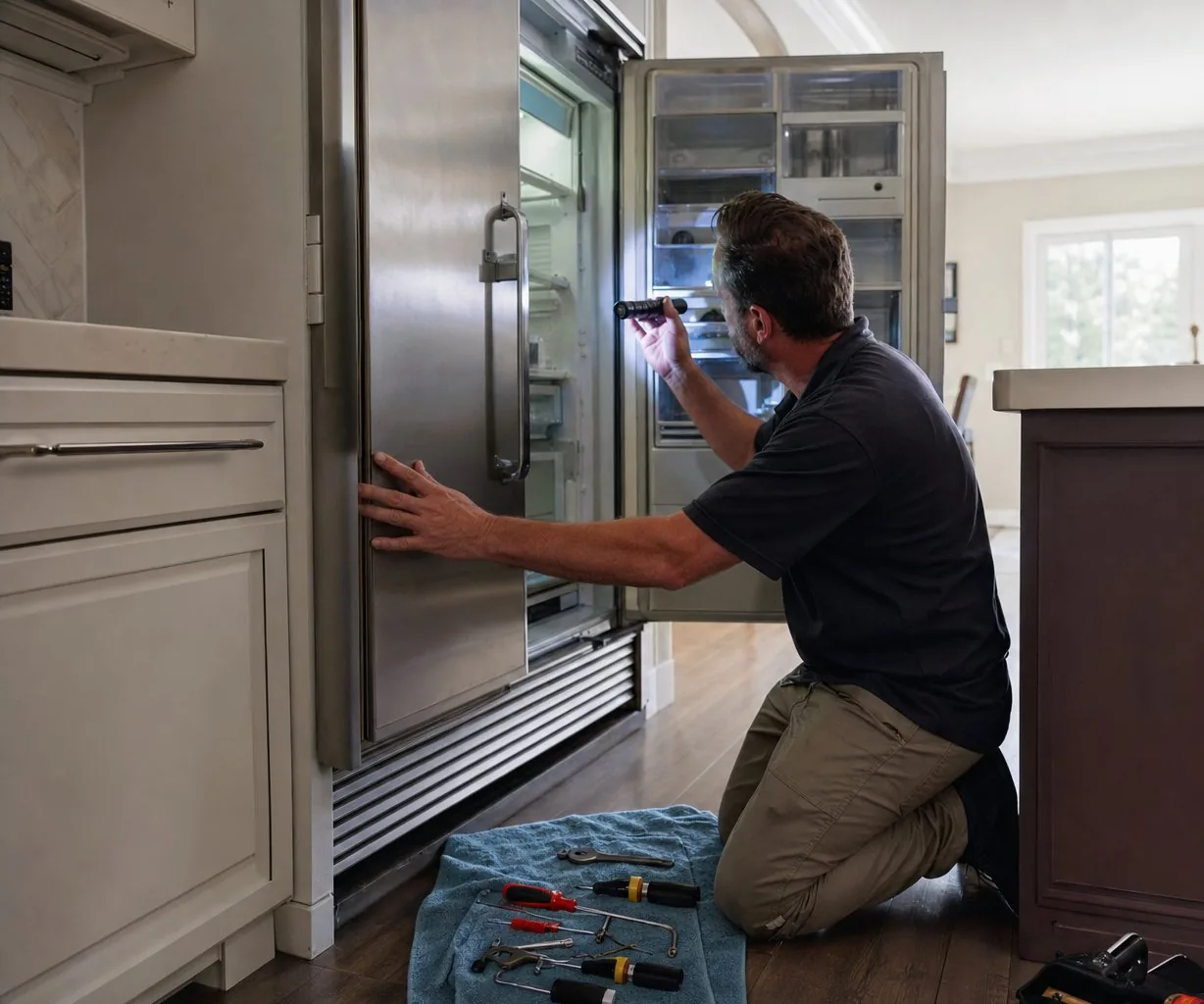 Technician repairing a built-in Sub-Zero refrigerator on a same-day visit