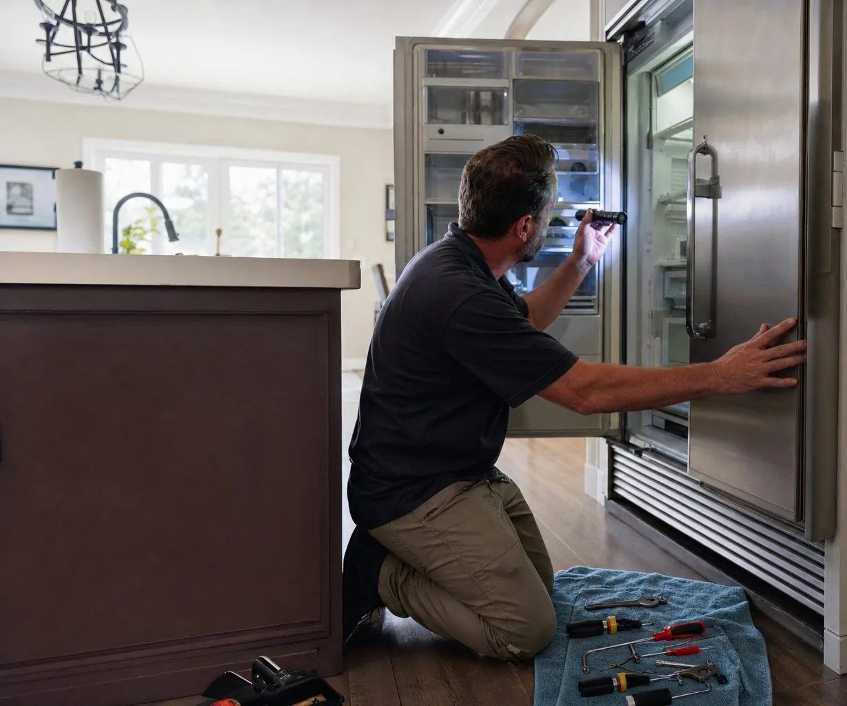 Technician repairing a built-in Sub-Zero refrigerator mid-repair