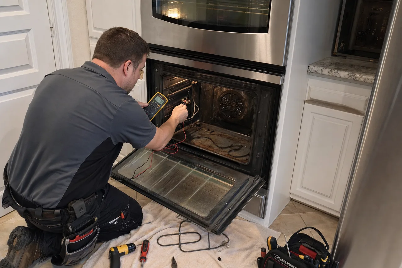 Technician servicing a built-in wall oven