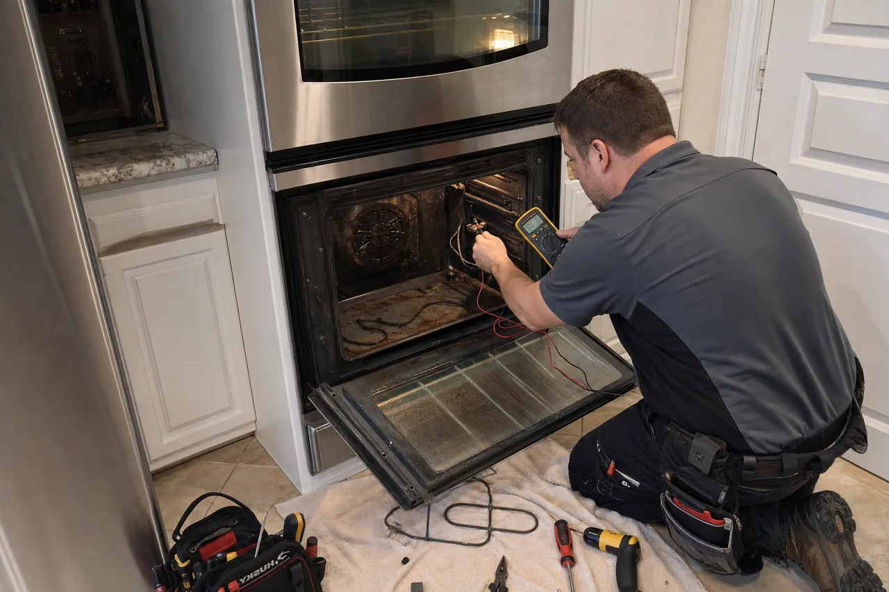 Technician servicing a built-in wall oven in an Armonk kitchen